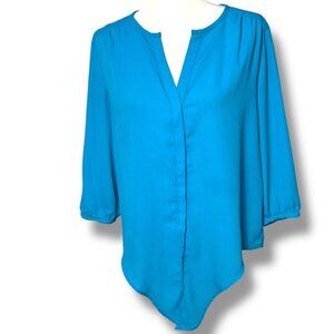 NWOT Peter Nygard Teal Button-Down Blouse 3/4 Sleeve Split Hem‎ Tie-waist Size 6